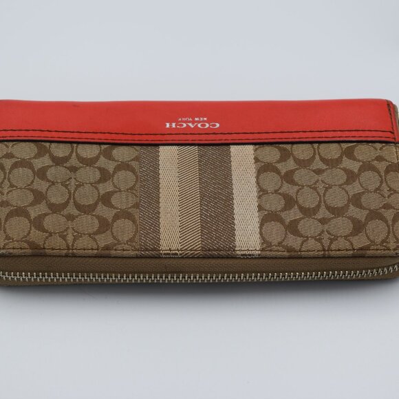 Coach Red Leather and Signature Brown Canvas Long Zip Around Wallet - Picture 3 of 7